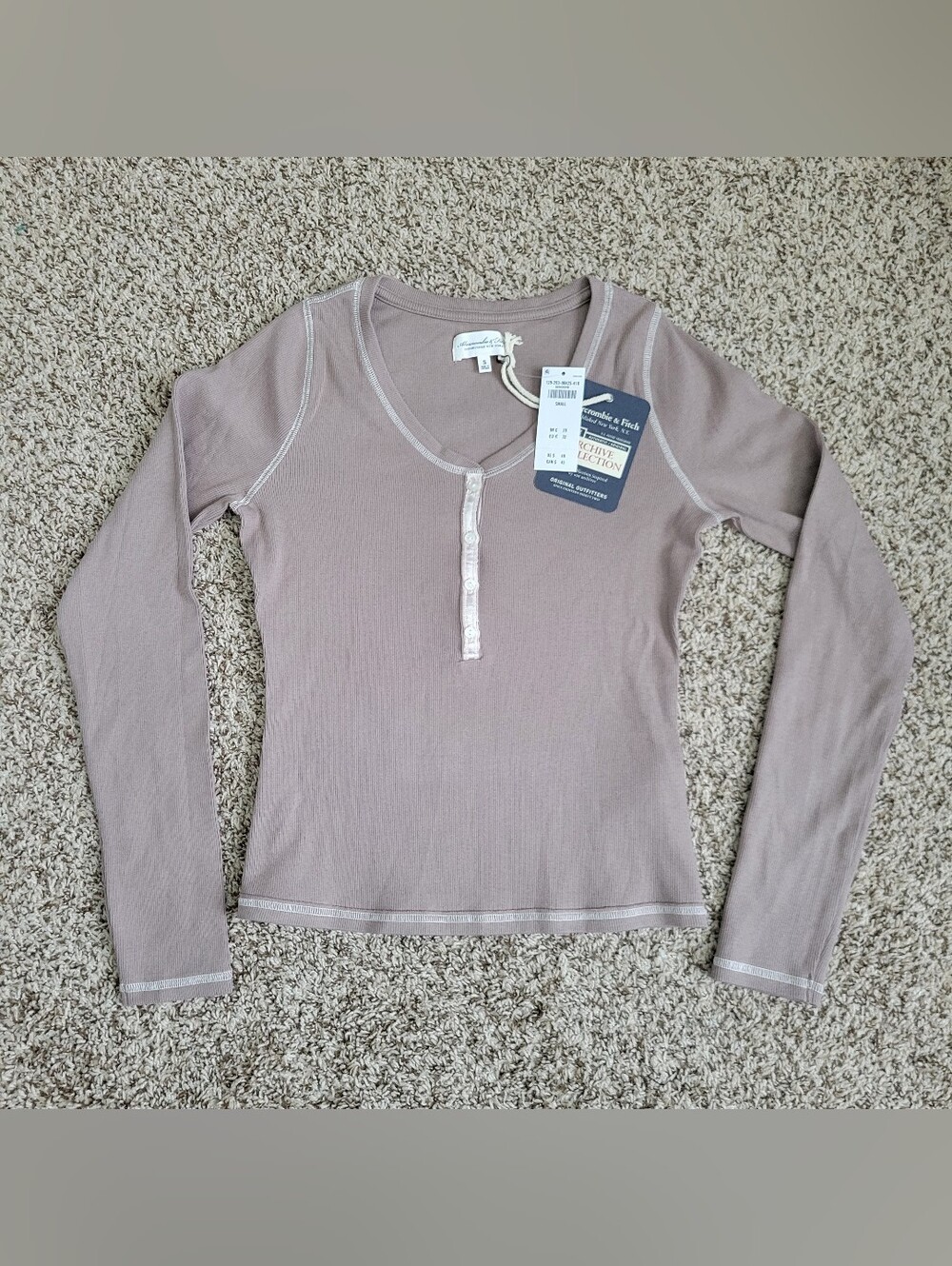 Abercrombie & Fitch Archive Collect Long Sleeve Rib Henley Brown Taupe Small NWT